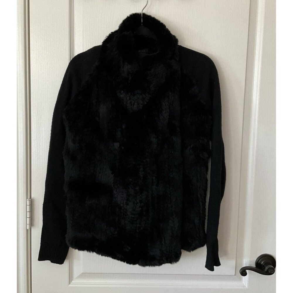 Theory Long Sleeve Black Wool Genuine Rabbit Front Cardigan Black Size Small